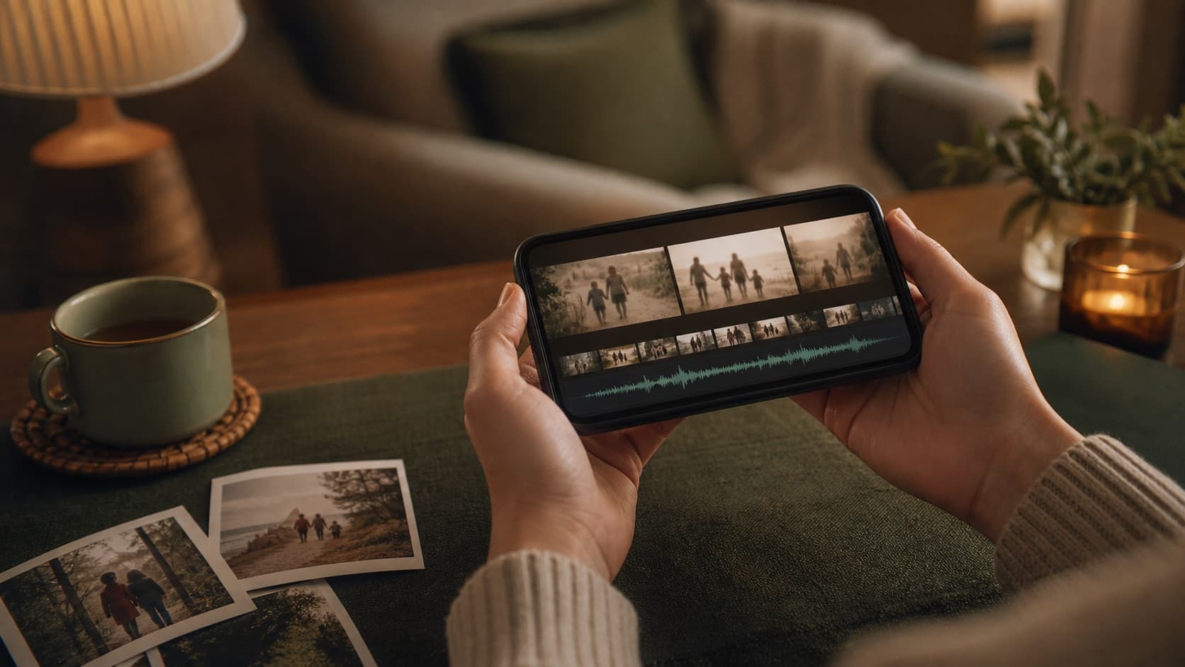 A phone showing a gift film preview beside printed family photos.