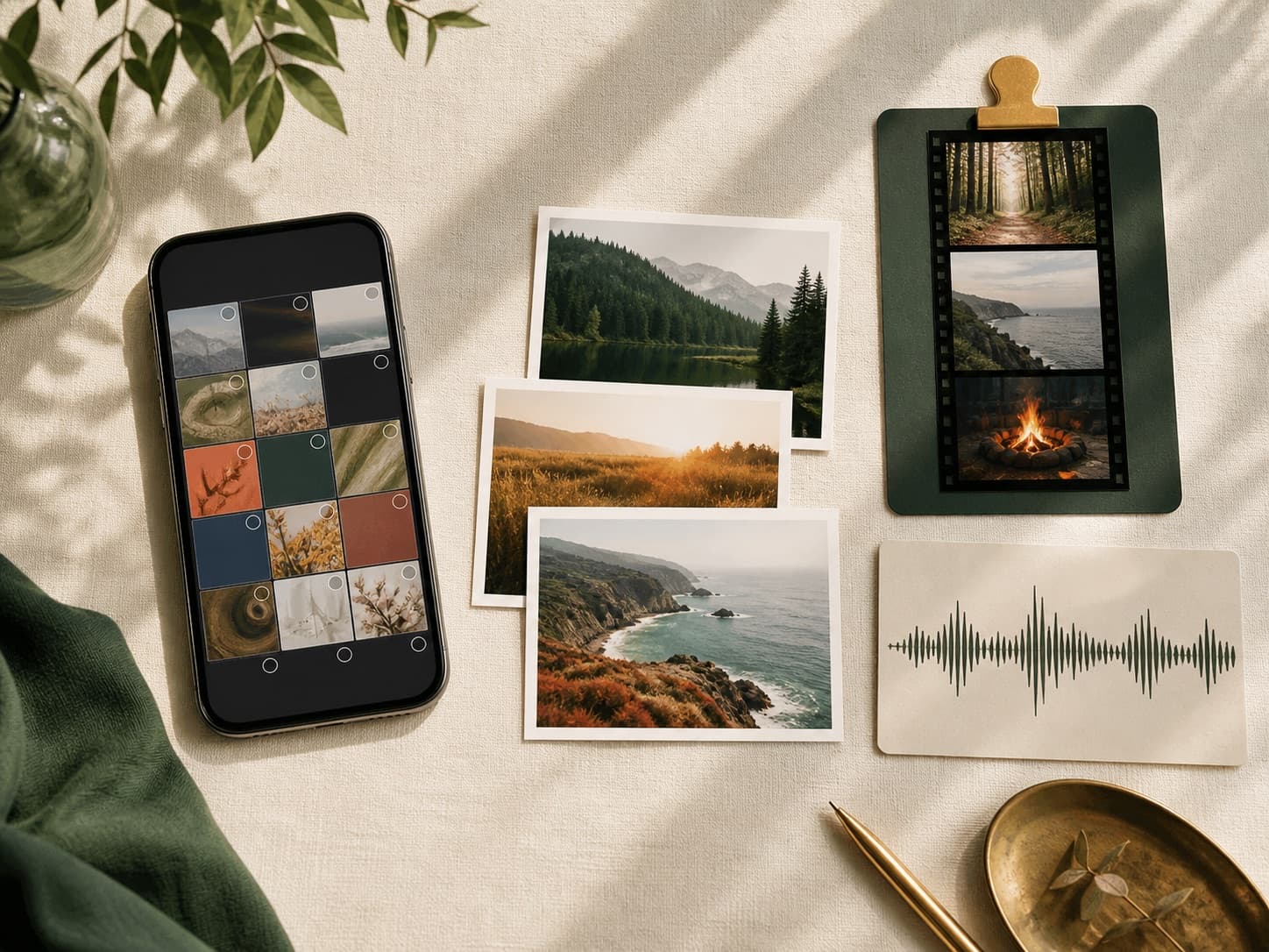 Phone photos, printed snapshots, a storyboard strip, and a music waveform arranged on a table.