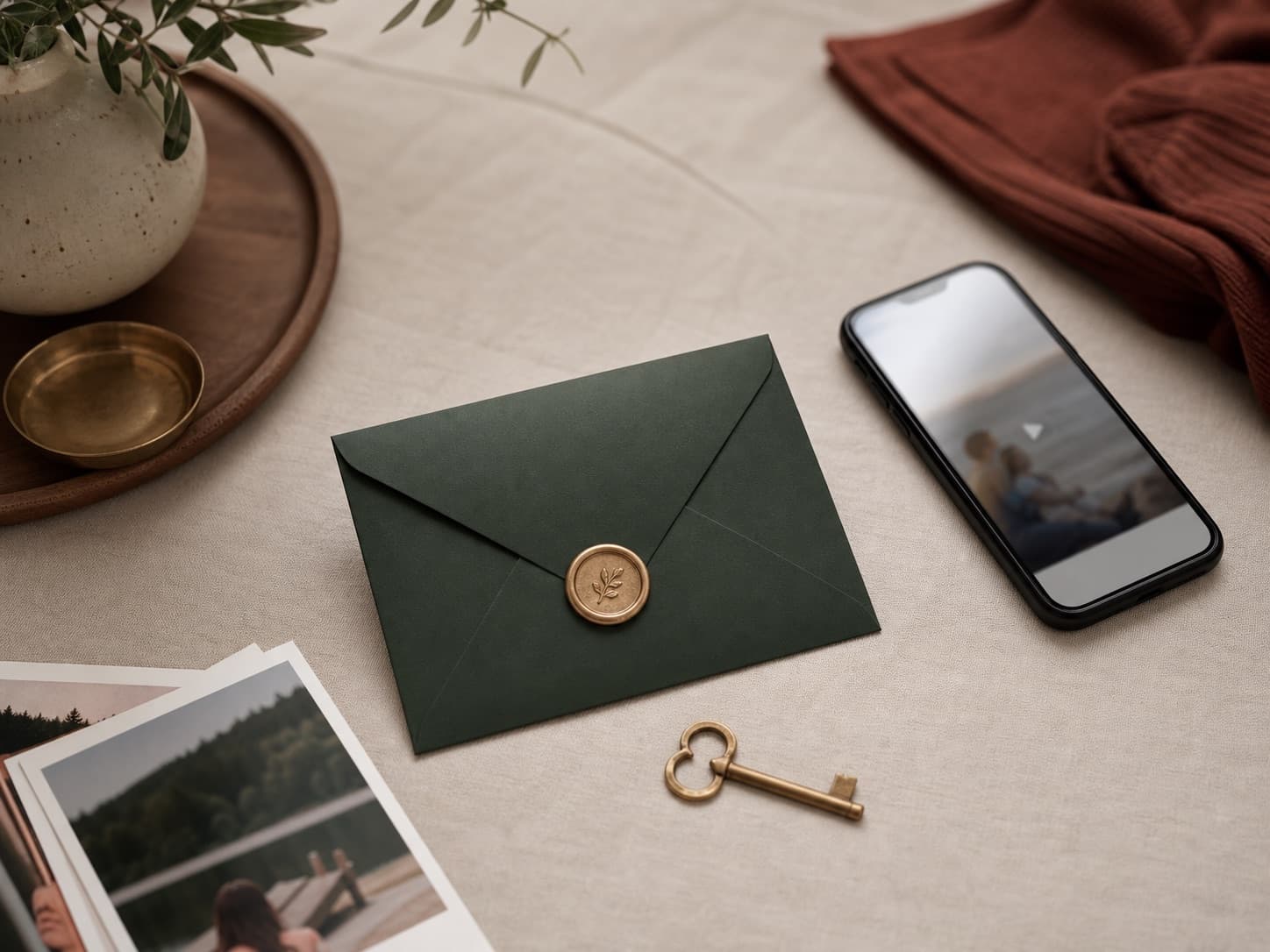 A private gift link on a phone beside a sealed envelope, key, and turned-away photo prints.