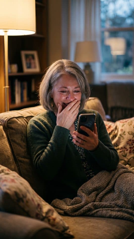 A woman on a couch covers her mouth, tearing up and smiling while watching a film on her phone.