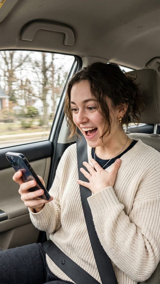 A young woman in a car gasps and laughs with her hand on her chest while watching her phone.