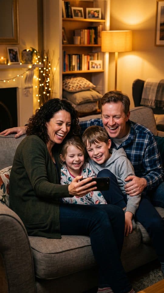 A family of four on a sofa laughs together while watching a film on the mother's phone.