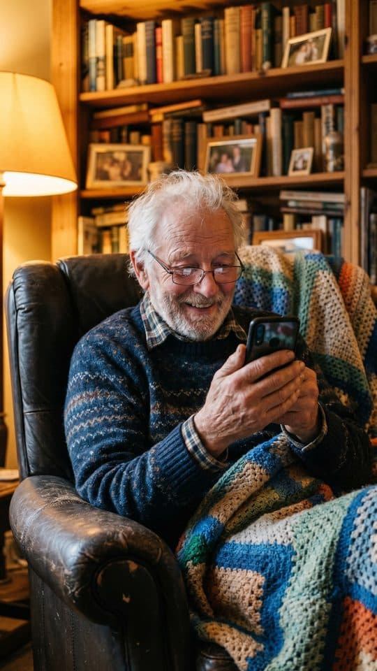 A grandfather in an armchair takes off his reading glasses and dabs his eye, smiling proudly at a phone.